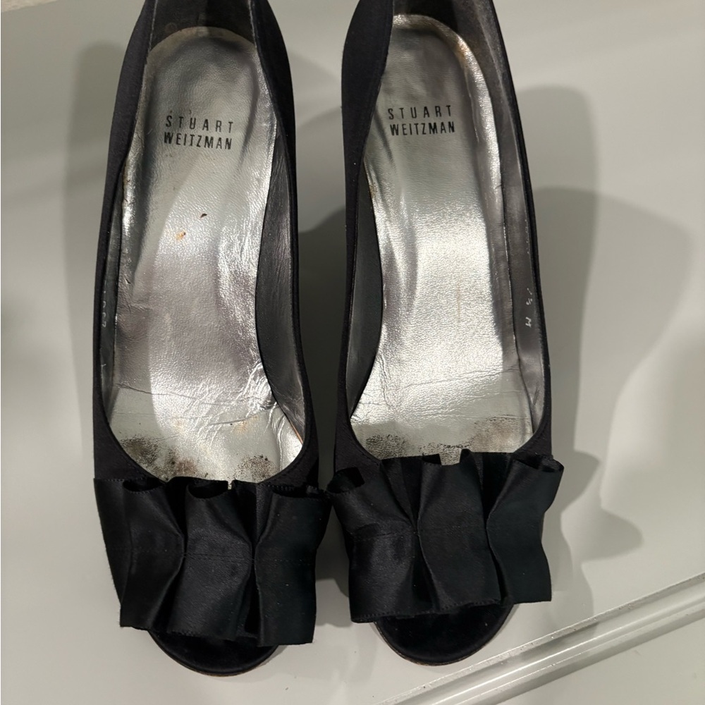 Stuart Weitzman Black Satin Peep-Toe Heels